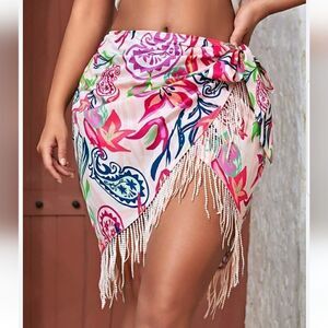 Women's Floral Tie Side Wrap Tassel Mini Skirt Cover Up Beach Skirt